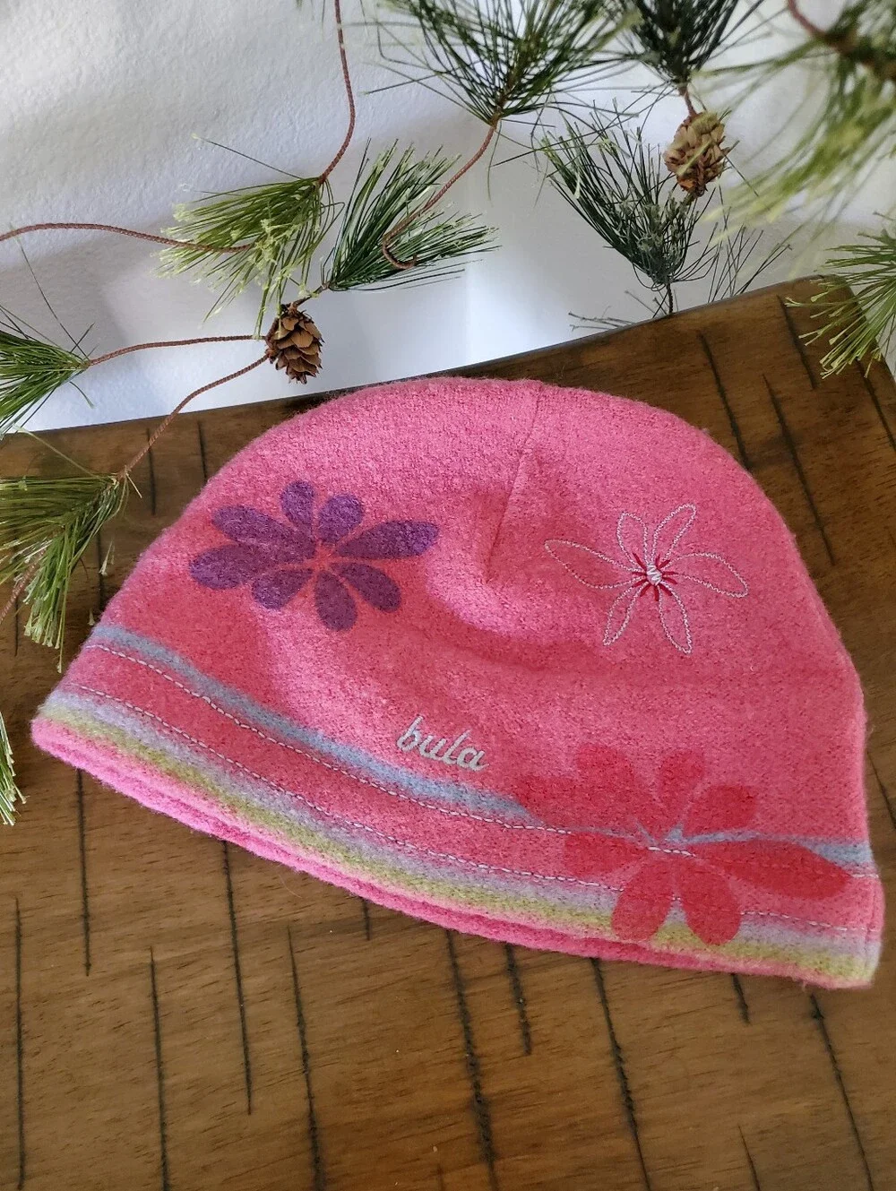 Bula Vintage Wool Exterior Fleece Lined Pink Flower Beanie Hat